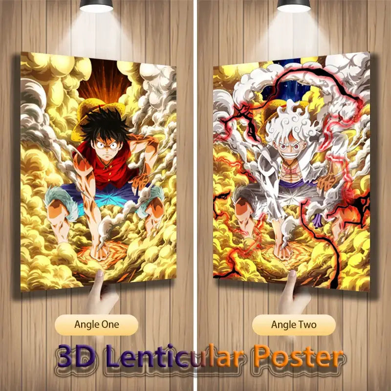 3d lenticular one piece luffy gear 5 poster with dynamic anime characters in red blue and white purple attire