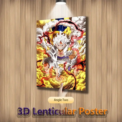 Vibrant 3d lenticular one piece luffy gear 5 poster featuring white hair anime character with glowing red energy effects