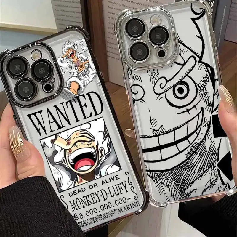 Clear luffy iphone case with black and white monkey d illustration featuring plating anti fall protection on back side