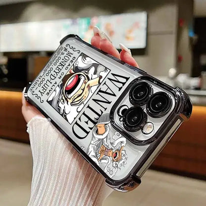 Back side of piece luffy iphone case clear with black trim featuring wanted poster design anti-fall plating
