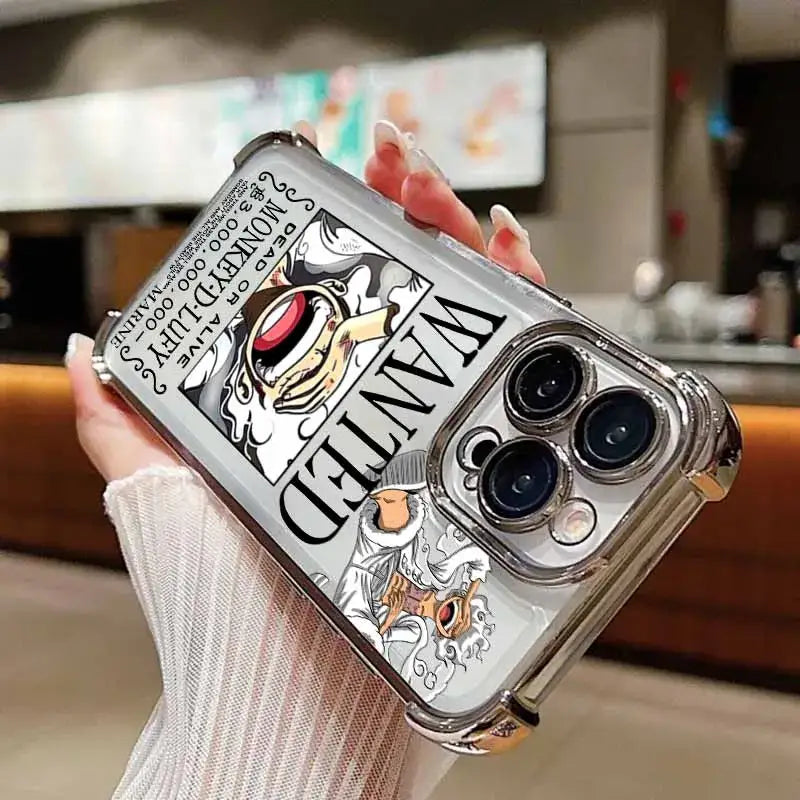 Clear piece luffy iphone case with silver metallic frame and black and white wanted monkey d design back view