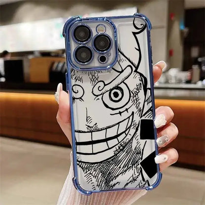 Back of a transparent one piece luffy iphone case with a blue bumper and black-and-white anime sketch design