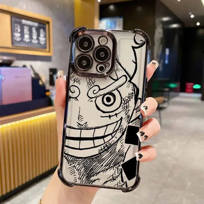 Transparent plating anti-fall piece luffy iphone case with black and white cartoon face sketch on the back side