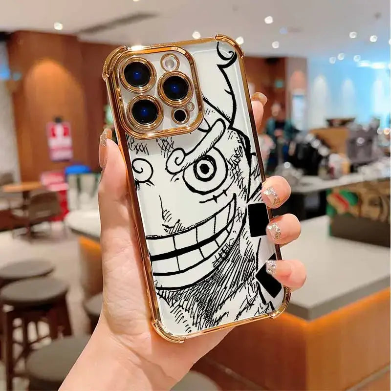 Black and white sketch of piece luffy on gold trimmed plating anti fall luffy iphone case back side