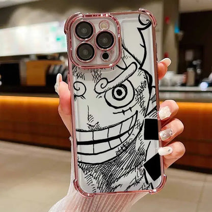 Transparent one piece luffy iphone case with rose gold trim and black-and-white cartoon sketch on the back side