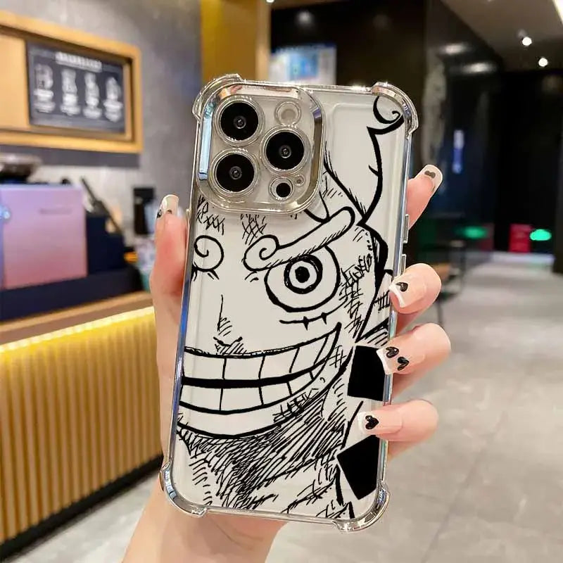 Clear protective piece luffy iphone case with bold black and white cartoon line art and anti-fall plating on back side
