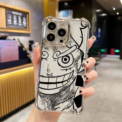 Clear protective piece luffy iphone case with bold black and white cartoon line art and anti-fall plating on back side