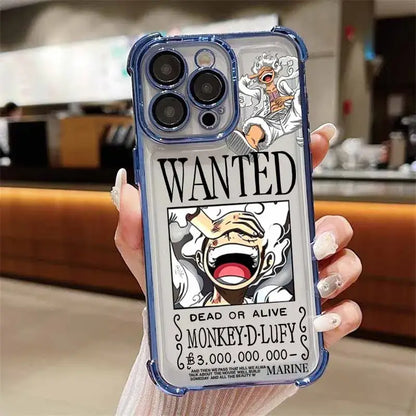 Clear luffy iphone case with blue protective bumper and wanted poster design for plating anti-fall protection
