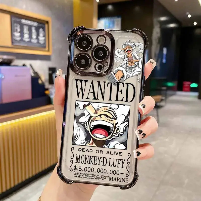 Clear black and white wanted poster phone case featuring monkey d luffy on the back for one piece luffy iphone protection