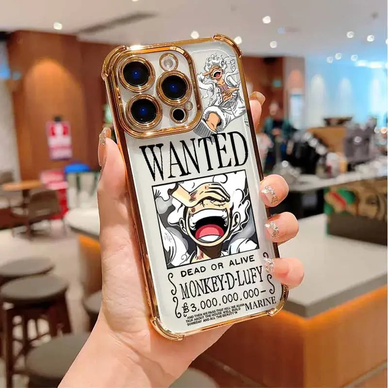 Gold-trimmed black and white wanted poster design on the back of one piece luffy iphone anti-fall plating case