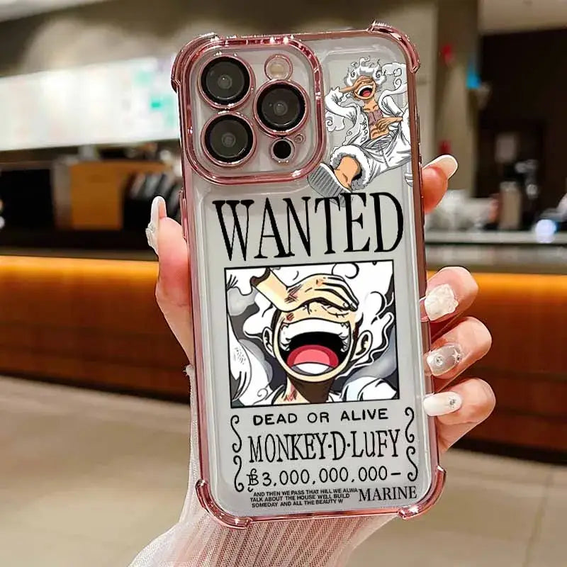 Transparent piece luffy iphone case with pinkish-gold trim and wanted poster design on the back for anti-fall use