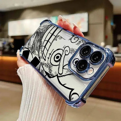 Transparent blue luffy iphone case with black and white cartoon design plating anti-fall back side view