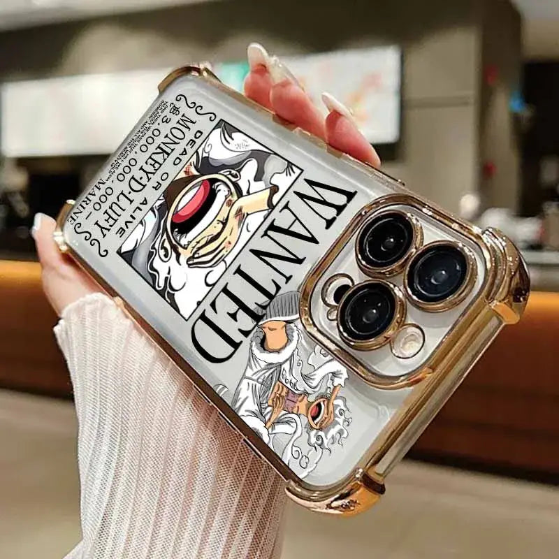 Back side of a transparent piece luffy iphone case with gold trim and black and white wanted poster design