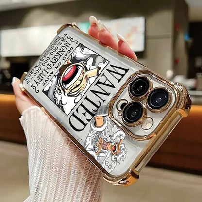 Back side of a transparent piece luffy iphone case with gold trim and black and white wanted poster design