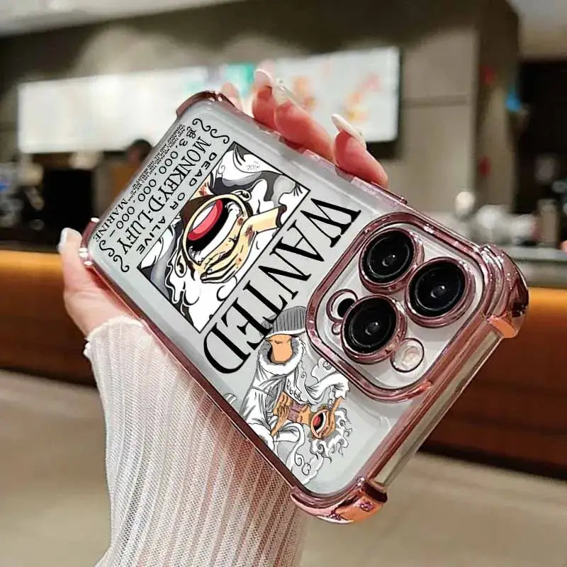 Transparent phone case with rose gold trim featuring a wanted poster design of monkey d for piece luffy iphone