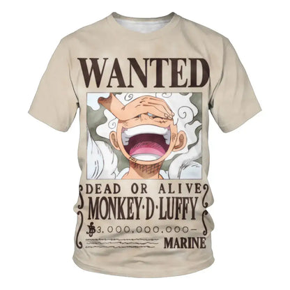 Beige short sleeve kids t-shirt featuring a detailed 3d printed wanted poster design of monkey d luffy from one piece