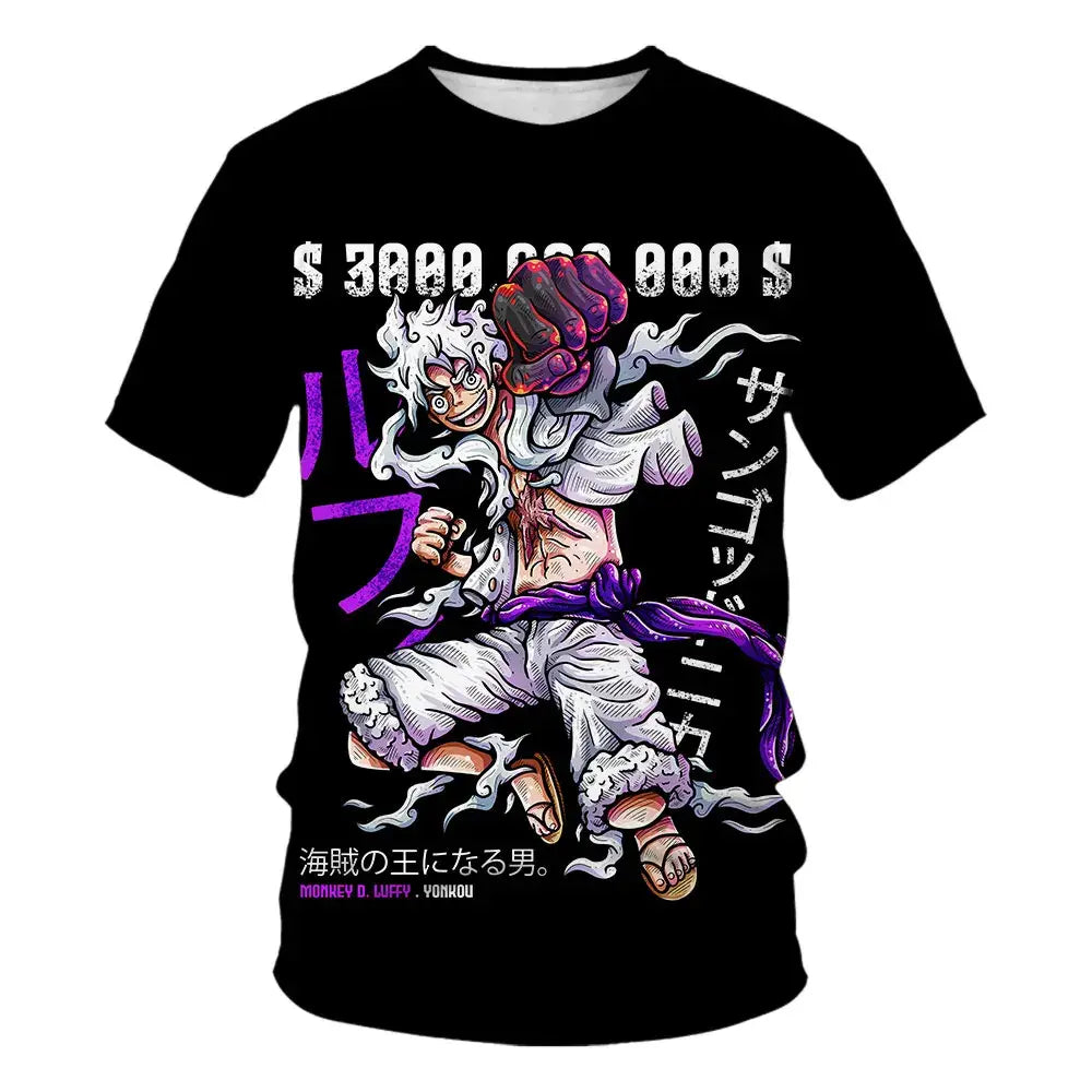 Black short-sleeved kids t-shirt with vibrant 3d-printed one piece luffy graphic in purple and white accents