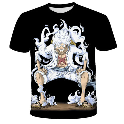 Black short-sleeved kids t-shirt featuring a 3d printed graphic of whitebeard from one piece with flames