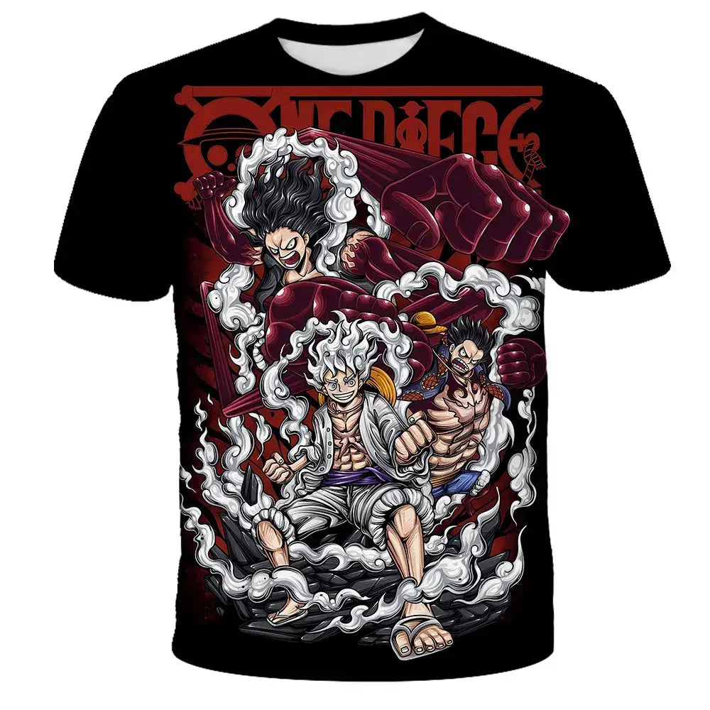 Black short-sleeved kids t-shirt with vibrant 3d-printed one piece characters and swirling white smoke effects