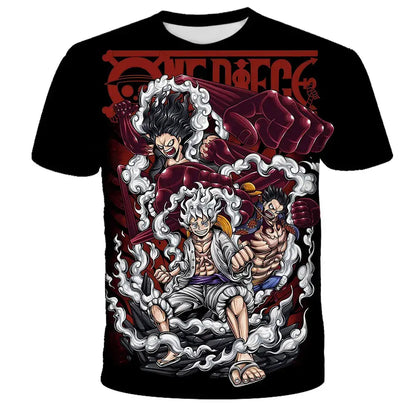Black short-sleeved kids t-shirt with vibrant 3d-printed one piece characters and swirling white smoke effects