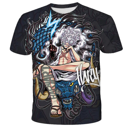 Black short-sleeved cotton t-shirt featuring a vibrant full-body anime character with white curly hair and blue dragon elements