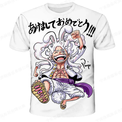 White short-sleeved cotton kids t-shirt with vibrant 3d print of anime character portgas d luffy from one piece