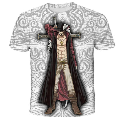 White t-shirt featuring a detailed 3d-printed graphic of whitebeard from one piece in black hat and red coat