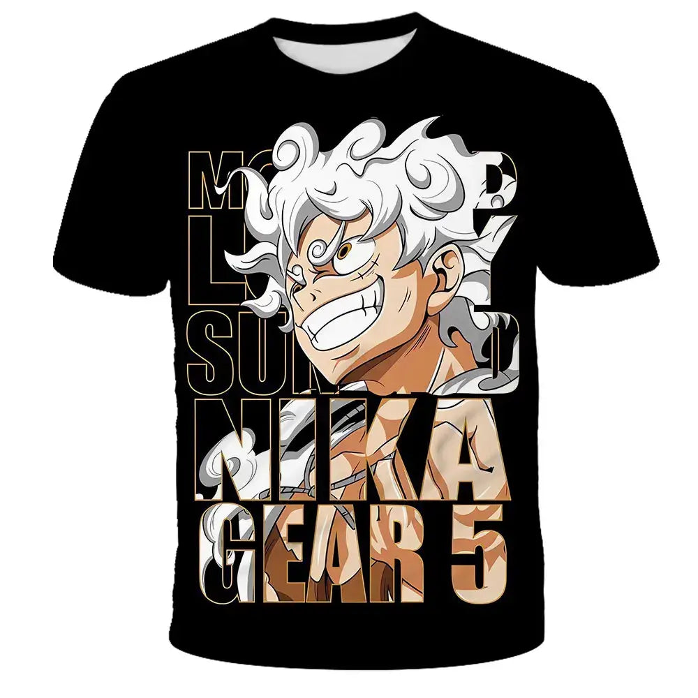 Black short-sleeved kids t-shirt featuring a 3d-printed satoru gojo graphic from jujutsu kaisen with white hair and intense expression