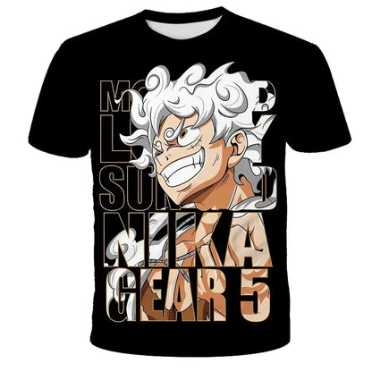 Black short-sleeved kids t-shirt featuring a 3d-printed satoru gojo graphic from jujutsu kaisen with white hair and intense expression