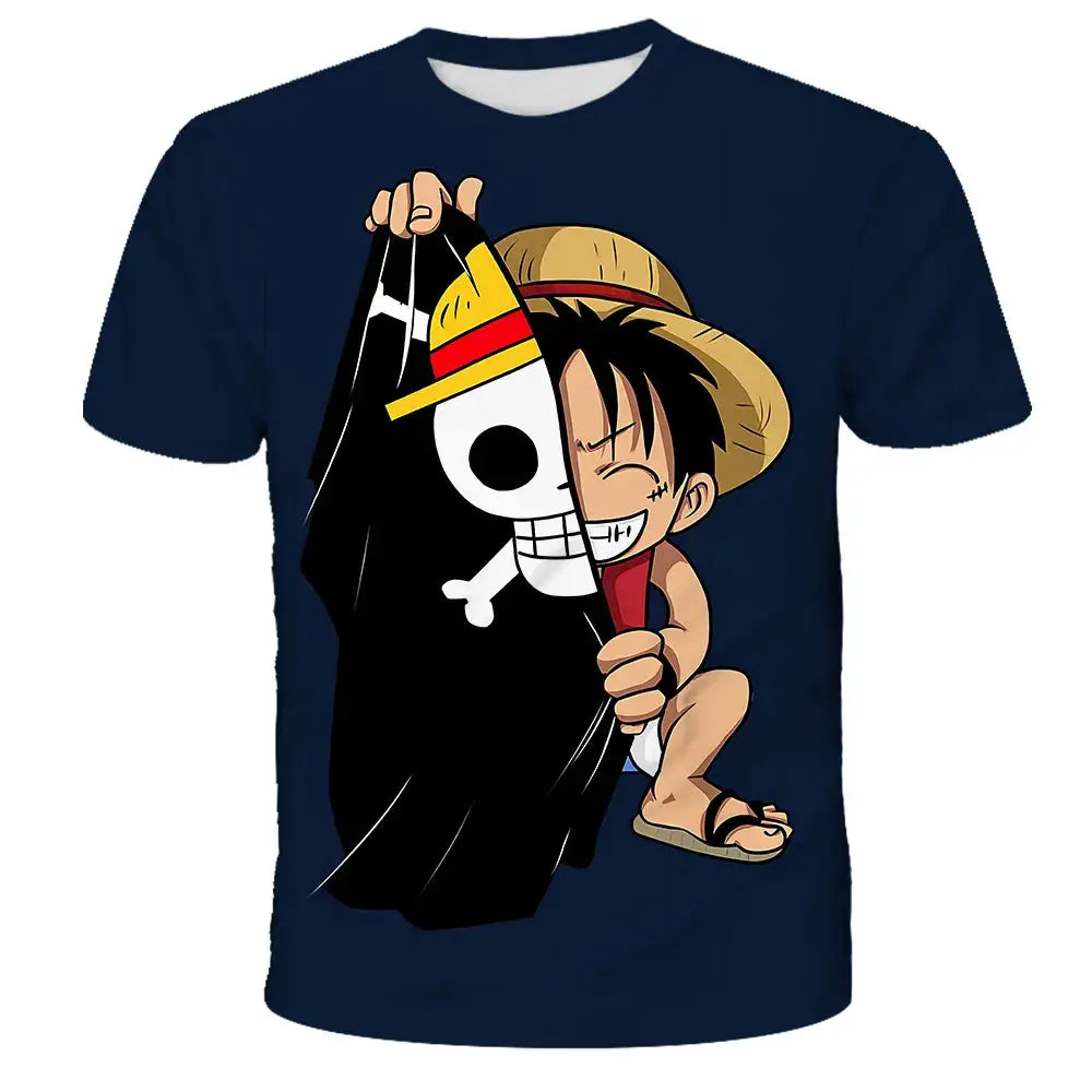 Navy blue short sleeve kids t-shirt featuring a 3d printed luffy graphic peeking from behind the jolly roger flag