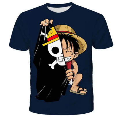 Navy blue short sleeve kids t-shirt featuring a 3d printed luffy graphic peeking from behind the jolly roger flag