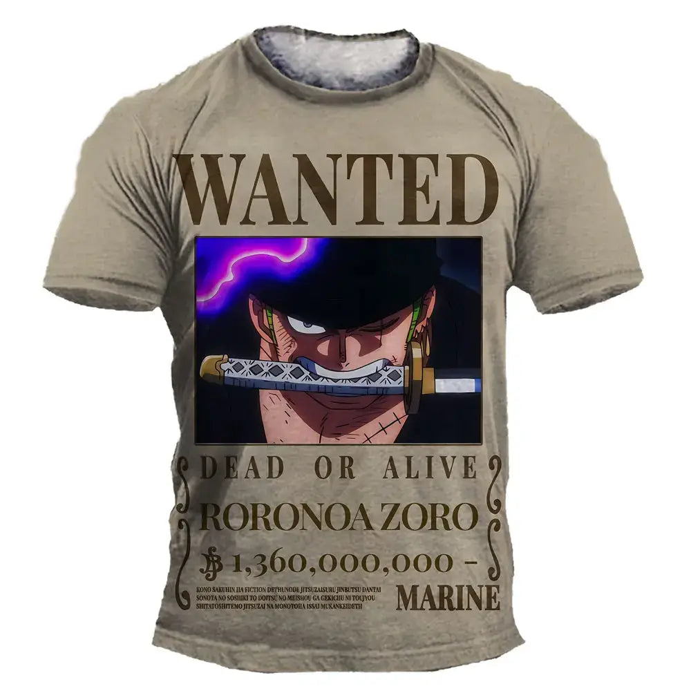 Beige short sleeve one piece luffy kids t shirt featuring 3d printed wanted poster of roronoa zoro