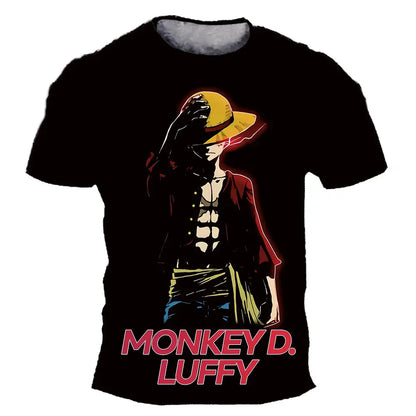 Black short sleeve kids t-shirt featuring a vibrant 3d printed monkey d graphic from One Piece Luffy