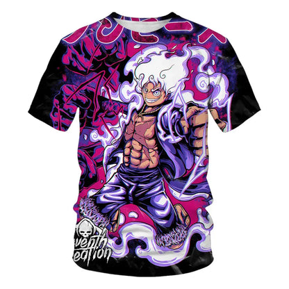 One Piece Luffy kids short sleeve t-shirt with vibrant anime print and purple pink energy for summer short sleeve everyday wear