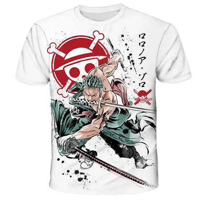 White short sleeve kids t-shirt featuring 3d roronoa zoro graphic for summer short sleeve everyday wear