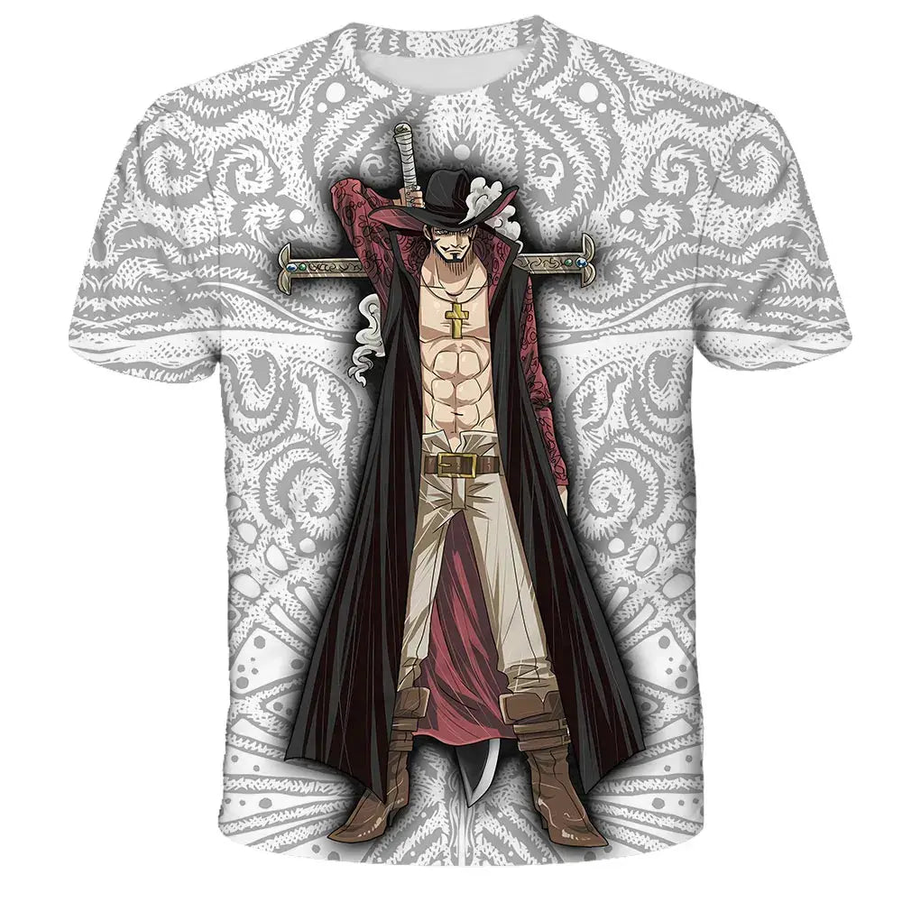White t-shirt with 3d-printed whitebeard graphic wearing black hat and red coat for summer short sleeve everyday wear