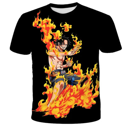 Black short sleeve one piece luffy kids t-shirt with vibrant 3d anime graphic and flames perfect for summer short sleeve everyday wear