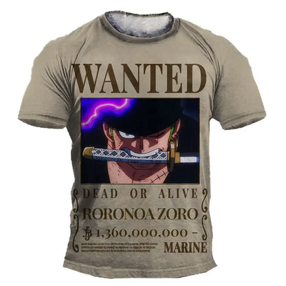 Beige one piece luffy kids short sleeve t-shirt with 3d printed roronoa zoro wanted poster perfect for summer short sleeve everyday wear