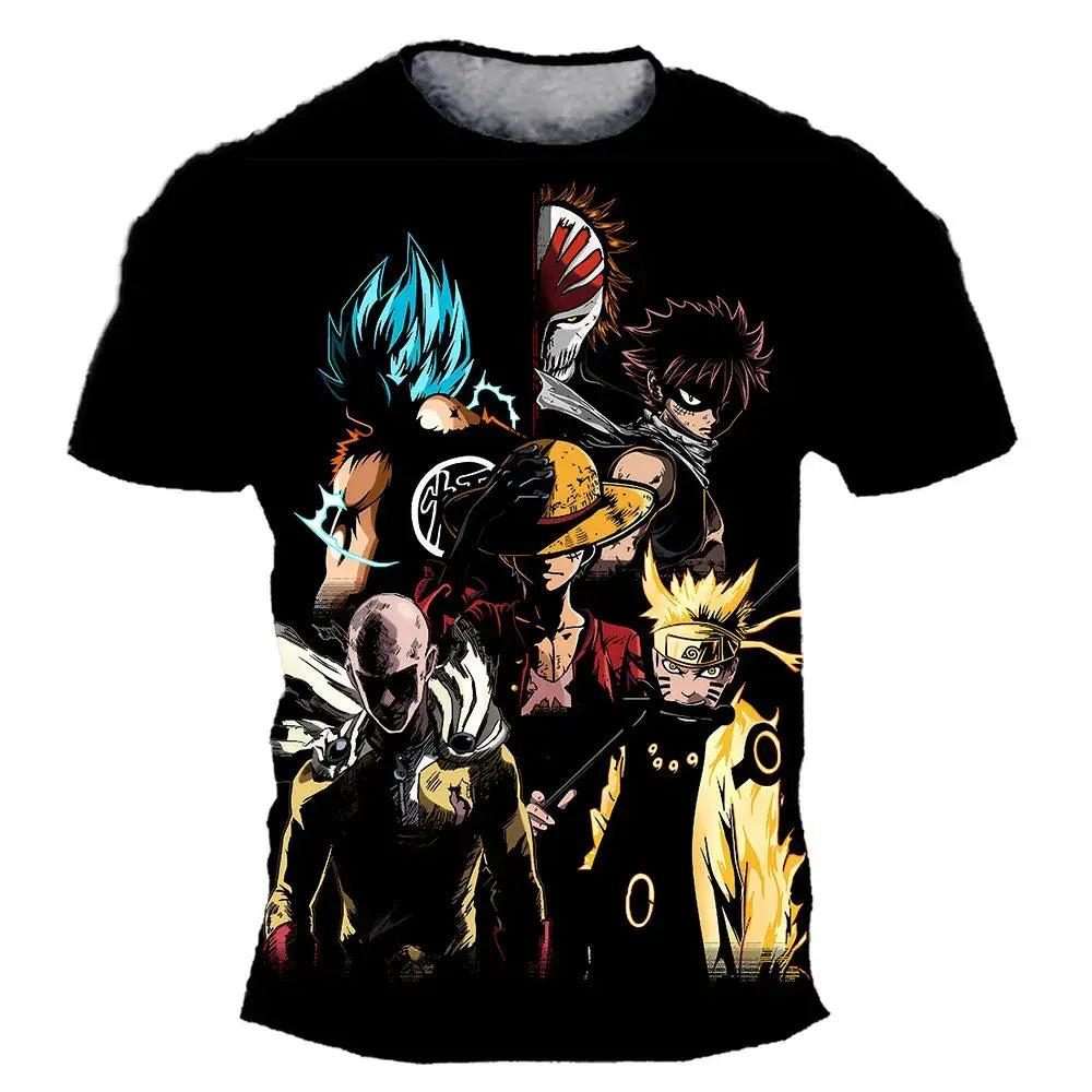 Black short sleeve kids t-shirt with vibrant 3d anime characters for summer short sleeve everyday wear
