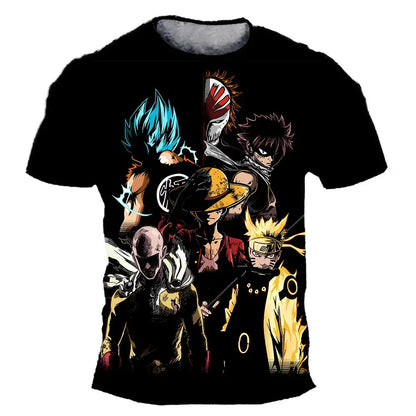 Black short sleeve kids t-shirt with vibrant 3d anime characters graphic perfect for summer short sleeve everyday wear