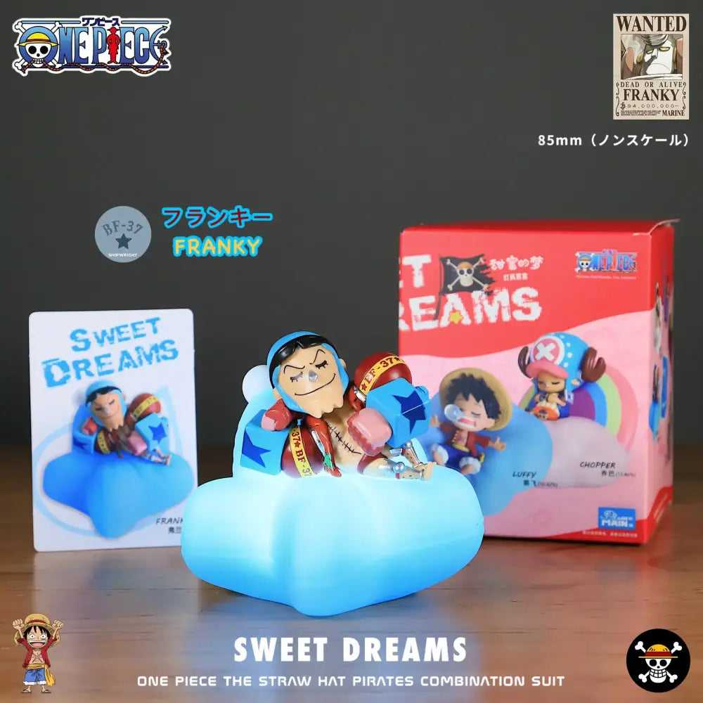 Blue cloud-shaped franky figurine with mechanical limbs and striped sleeves in one piece luffy led night light lamp