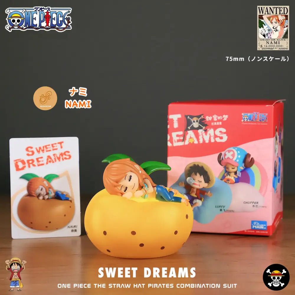 A vibrant orange nami figurine peacefully sleeping on a citrus fruit in the rechargeable one piece luffy led night light