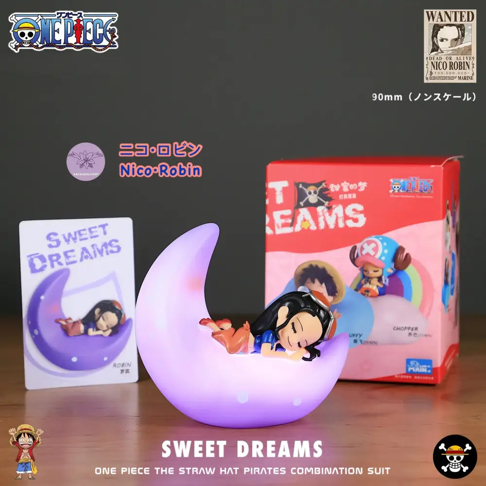 Purple crescent moon led night light featuring sleeping nico robin in straw hat pirates outfit rechargeable lamp