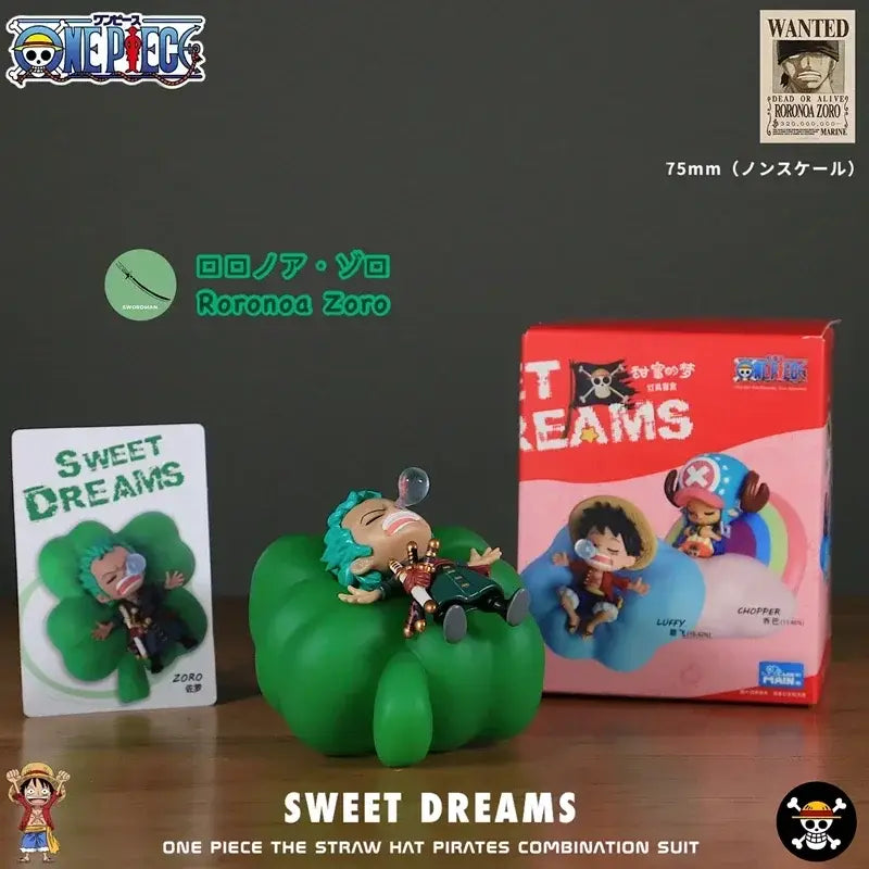 Green plush pillow with miniature roronoa zoro figure beside one piece luffy led night rechargeable led night light