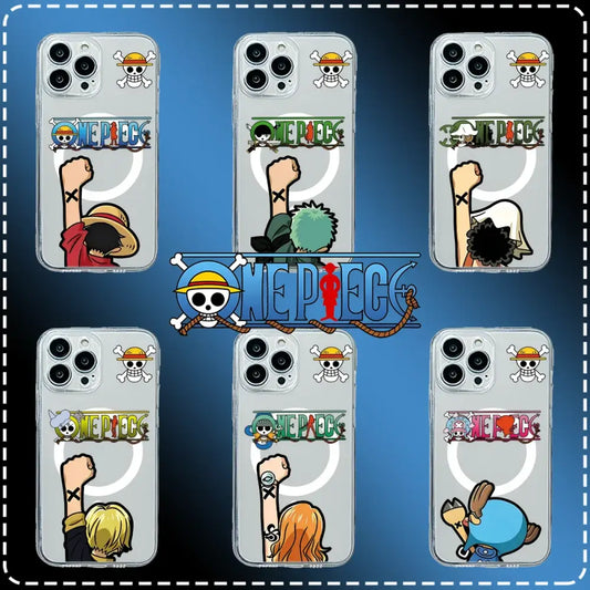 Back side of one piece luffy magnetic phone case in soft clear tpu with colorful character designs and skull-and-crossbones sticker