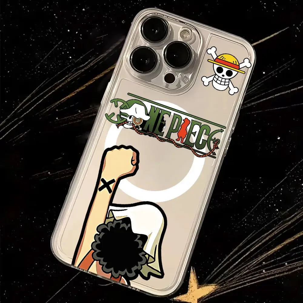 Back view of one piece luffy magnetic phone case with soft clear tpu featuring cartoon luffy and green red logo