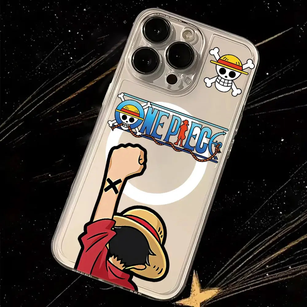 Clear phone case back showing soft clear TPU featuring luffy from One Piece with raised fist and blue logo lettering
