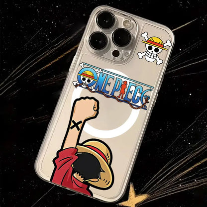 Clear phone case back showing soft clear TPU featuring luffy from One Piece with raised fist and blue logo lettering