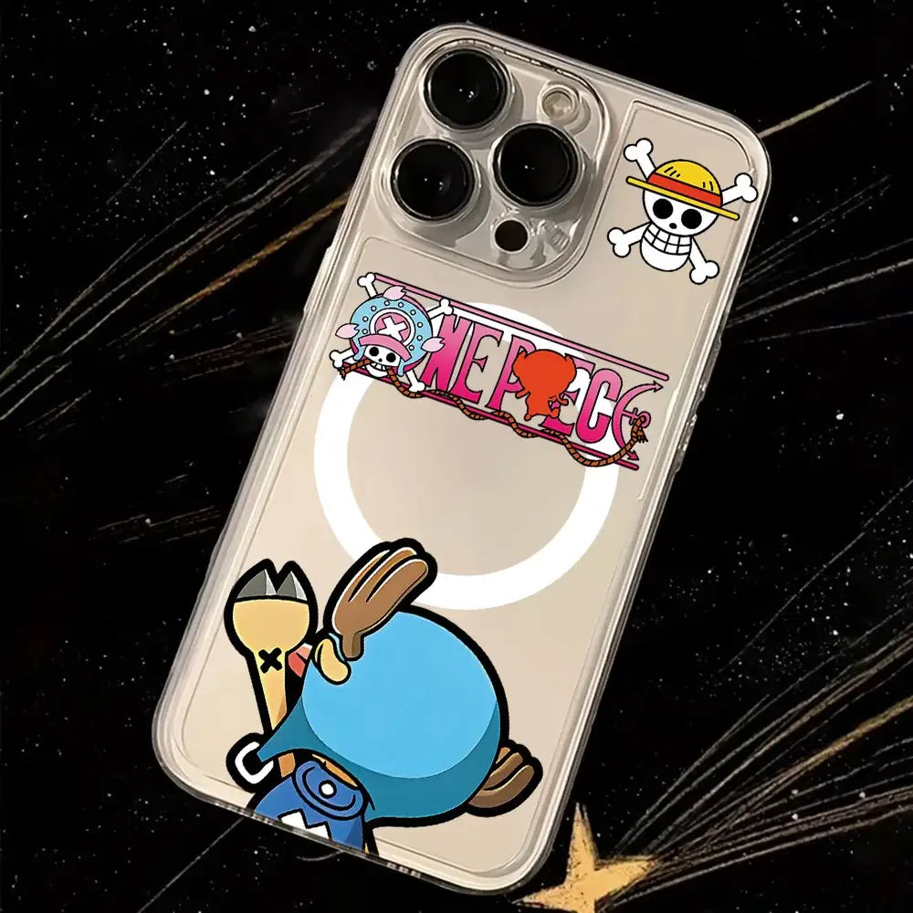 Back side of one piece luffy magnetic phone case featuring soft clear tpu with themed decals and blue luffy illustration