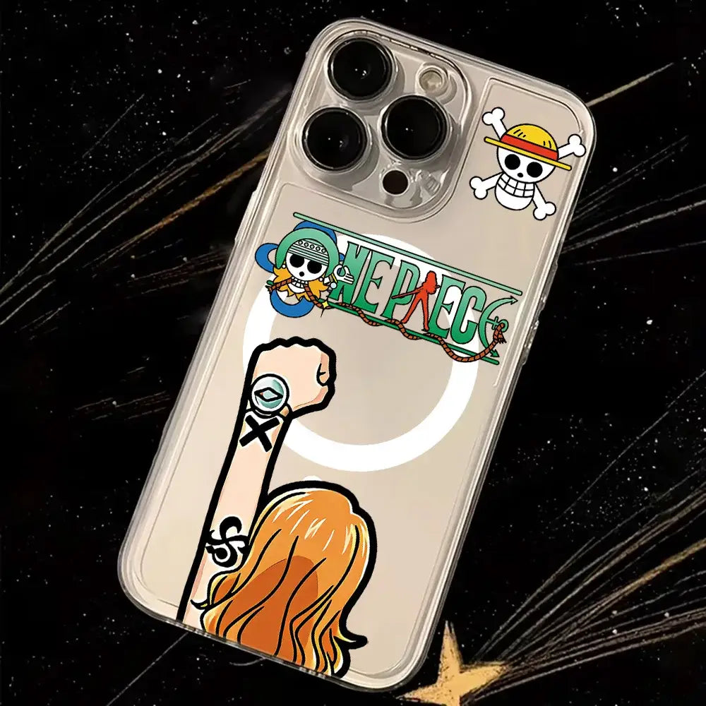 Back side of a soft clear tpu phone case featuring one piece luffy cartoon design with green lettering and white magnet ring